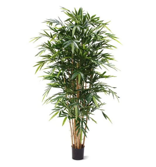 Decoratieve kunstplant met natuurlijke uitstraling in zwarte keramische pot, ideaal voor woonkamer of kantoor.