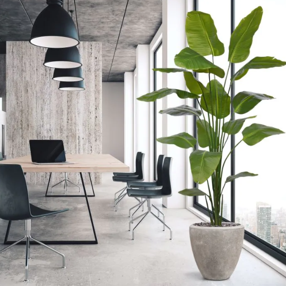 Decoratieve kunstplant met natuurlijke uitstraling in zwarte keramische pot, ideaal voor woonkamer of kantoor.