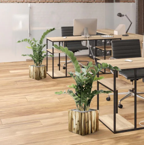 Moderne werkruimte met kunstplanten die zorgen voor een nette, duurzame en uitnodigende kantooromgeving.