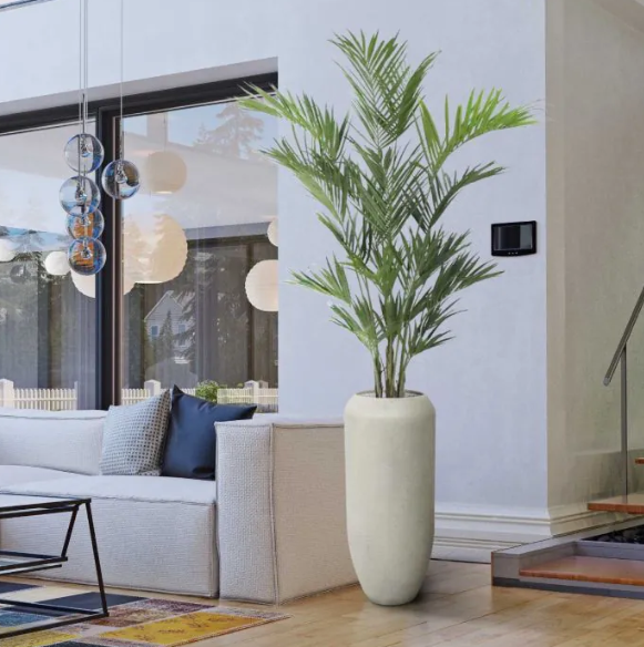 Moderne werkruimte met kunstplanten die zorgen voor een nette, duurzame en uitnodigende kantooromgeving.