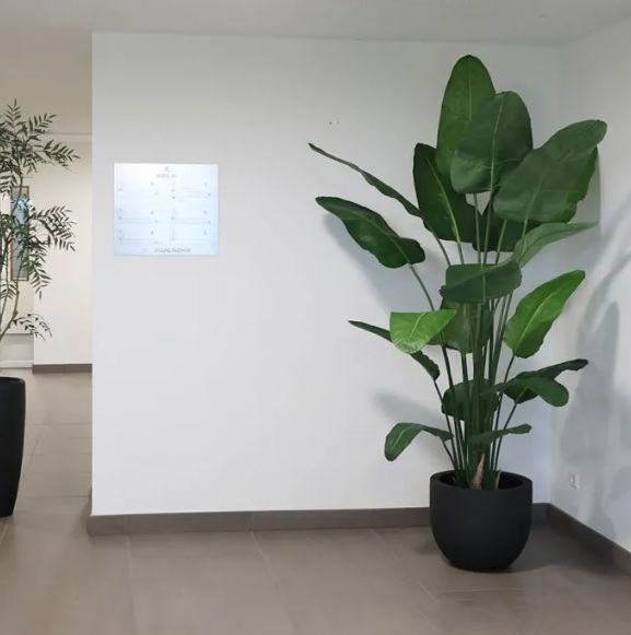 Moderne werkruimte met kunstplanten die zorgen voor een nette, duurzame en uitnodigende kantooromgeving.