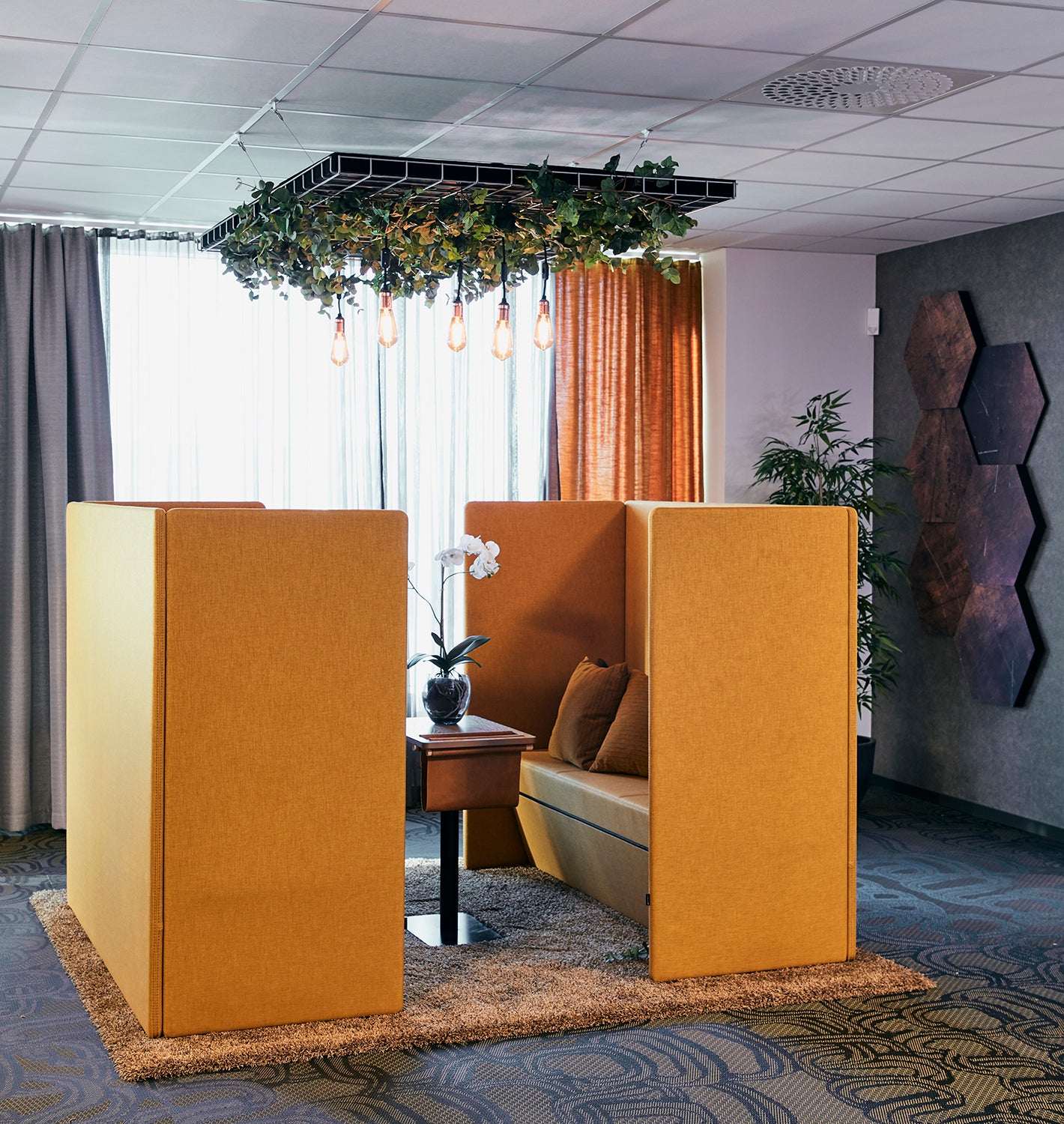 Grote groene kantoorplanten en roomdividers van planten in een open kantoortuin, gerealiseerd door Business Plants.