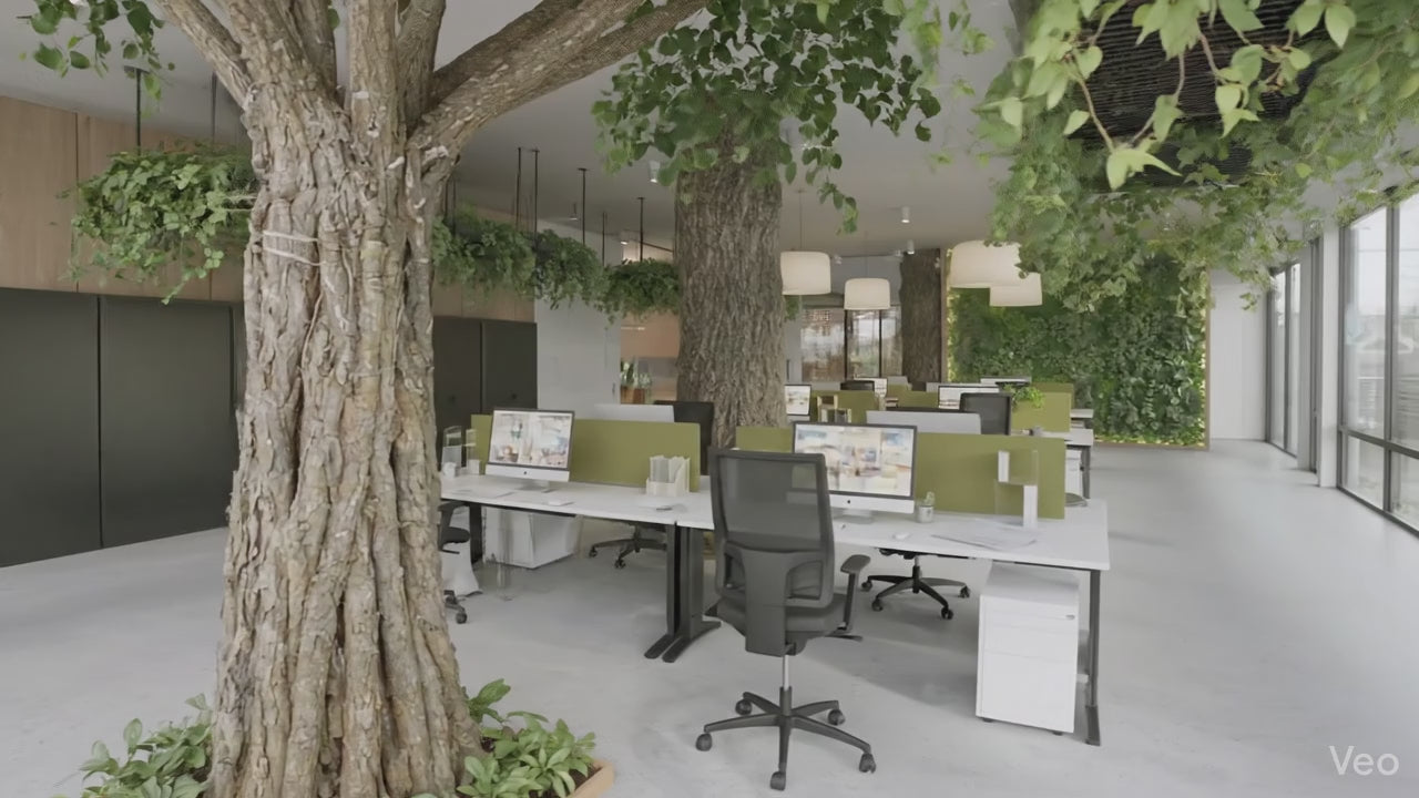 Grote groene kantoorplanten en roomdividers van planten in een open kantoortuin, gerealiseerd door Business Plants.